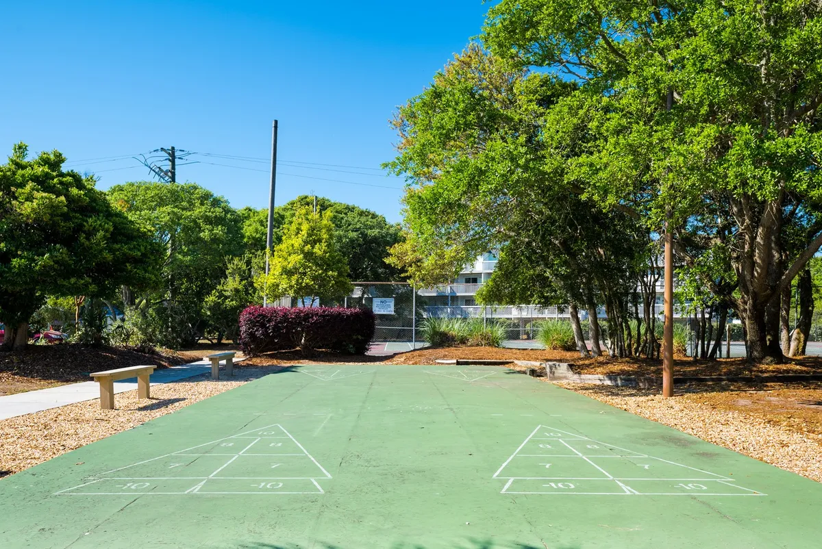 A dedicated shuffleboard court set among lush greenery, with benches nearby for relaxation or friendly spectating. The scene is tranquil yet playful, inviting moments of leisure and social connection.